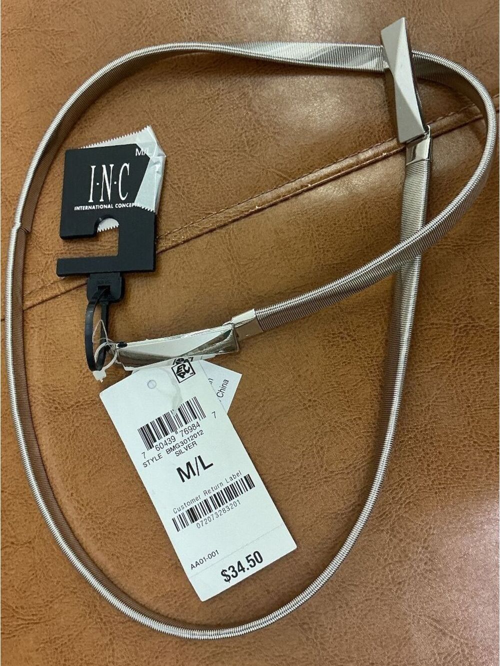 NWT INC International Concepts stretchy Metallic Silver minimalist Skinny Belt
